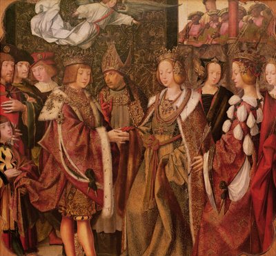 St. Ursula en Prins Etherius die elkaar een plechtige gelofte doen, paneel van het St. Auta Altaarstuk, c.1520 (detail) door Master of the St. Auta Altarpiece